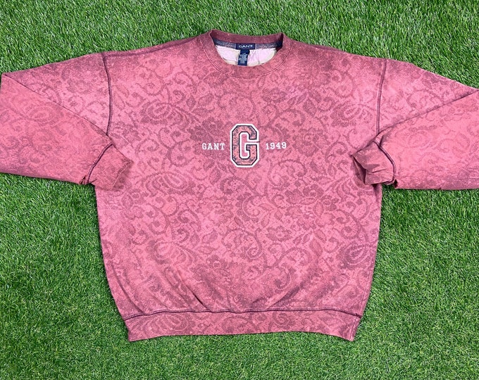 Vintage Gant Crewneck Sweatshirt Size Large L Comfortable Fit Pull Over Oversized Custom Made Bleach Dye Hand Made 1990s 90s Pattern Floral