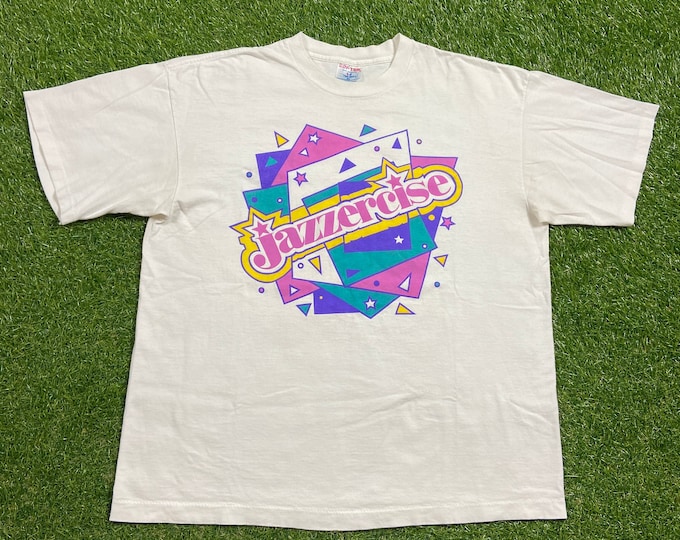 Vintage Jazzercise T Shirt Tee Sof Tee Made USA Size Xtra Large XL Workout Wear Athletic Gear 1990s 90s Exercise Neon Funny