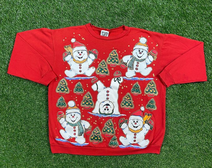 Ugly Christmas Sweater Vintage Tacky Holiday Party Merry Santa Claus Classic Holiday Season Christmas Snowmen Size Large L Xmas 90s 80s