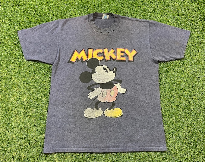 Vintage Mickey Mouse T Shirt Tee Velva Sheen Made USA Size Large L Walt Disney World Magic Kingdom WDW Disneyland 1990s 90s Distressed