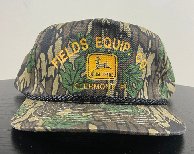 Vintage John Deere Fields Equip Co Camo Snapback Hat Cap Cobra Caps OSFA Clermont Florida FL Agricultural Manufacturer 1990s 90s