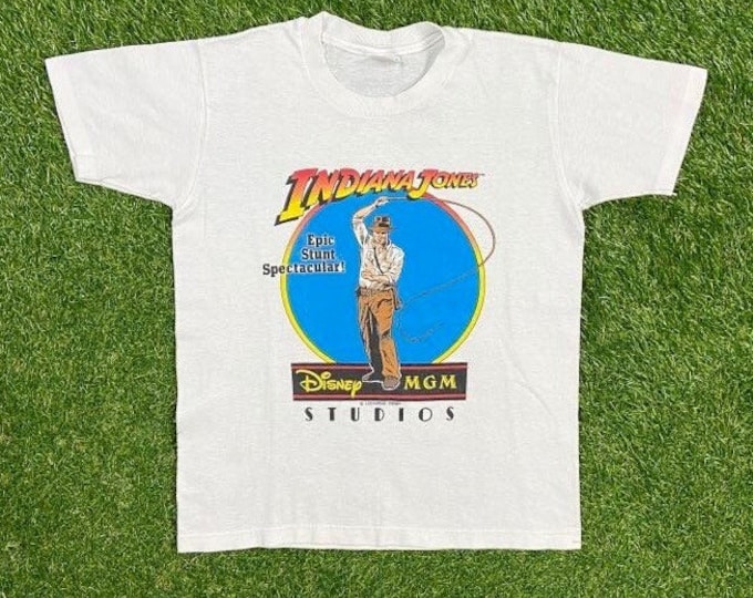 Vintage Indiana Jones T Shirt Tee Stedman Made USA Size Youth Large 14-16 Harrison Ford Lucas Film Disney MGM Studios 1980s 80s XS Small
