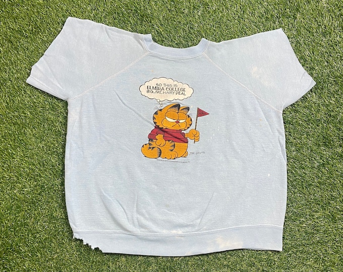 Vintage Garfield Crewneck Sweatshirt Size Small S Jim Davis Classic Cartoon Animation 1970s Pull Over Elmira College New York
