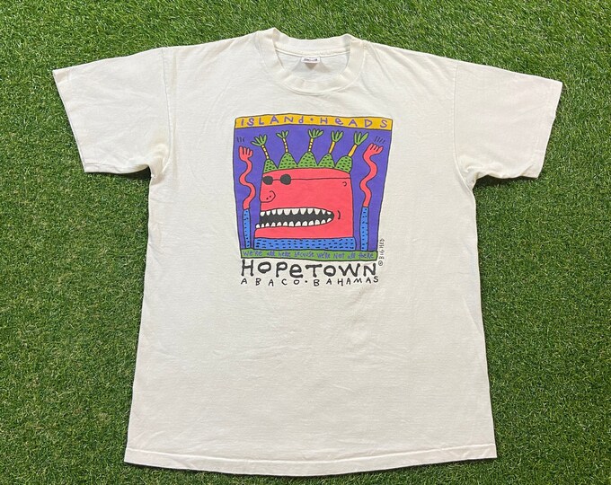 Vintage Island Heads T Shirt Tee Anvil Made USA Size Xtra Large XL Bahamas Island Palm Trees Tropical Beach 1990s 90s