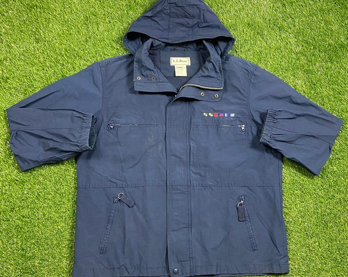 Vintage LL Bean Jacket Size Xtra Large XL Warm Zipper Jacket Windbreaker 1990s Hiking Coat Light Rain Coat 90s Outdoor Nautical Signal Flags