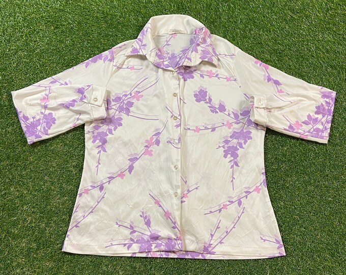 Vintage Floral Button Down Shirt Alfred Dunner Size Small S Flowers Wacky Fun Art 80s 1980s Original Classic Party Festival Pop Casual