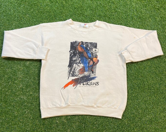 Vintage The Macaws Crewneck Sweatshirt Artex Made USA Size Large L Rainforest Tropical Birds Beach Parrots 1990s 90s Pull Over Oversized
