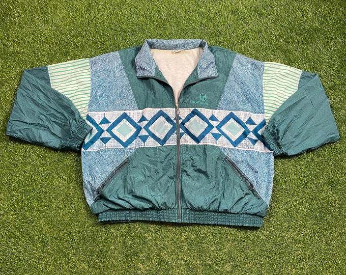 Vintage Graphic Windbreaker Zip Up Jacket Sergio Tacchini Size 3X Multicolor Streetwear Sport Active Wear Classic Light Coat 1990s 90s