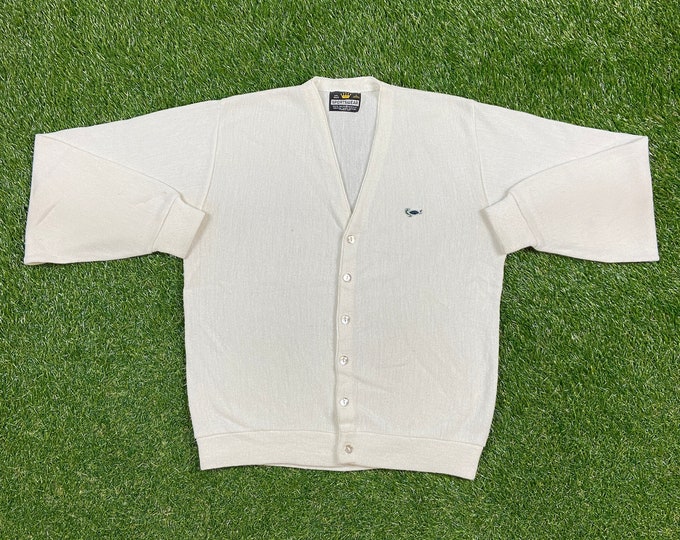 Vintage White Cardigan Sweater Crown Sportswear Size Large L 1980s 80s Comfy Button Down Warm Turtle