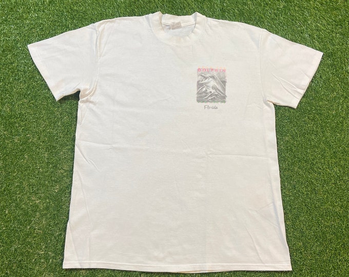Vintage Save the Dolphin T Shirt Tee Stedman Made USA Size Xtra Large XL Florida FL Sea Life Planet Ocean Animals Habitat All Over Print 90s