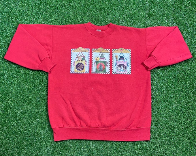 Ugly Christmas Sweater Sweatshirt North Pole Vintage Tacky Holiday Party Merry Santa Claus Classic Snowmen 90s Xmas Tree Size M Pull Over