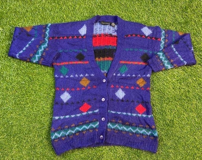 Vintage Purple Multicolor Cardigan Knit Sweater Paul Harris Size Small S 1980s 80s Comfy Button Down Comfy Warm Mohair