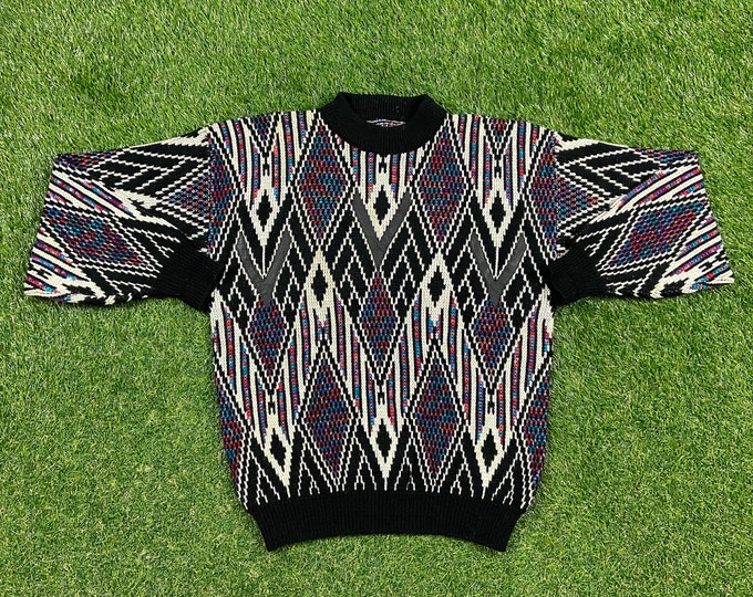Vintage Black Multicolor Knitted Crewneck Sweater Size Large L Quality Cool Pattern Warm Winter Fashion Pull Over Oversized 1980s 80s