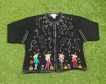 Vintage Halloween Knitted Cardigan Sweater Size Xtra Large XL Trick or Treat Oct 31 Boo Spooky October Holiday 1990s 90s