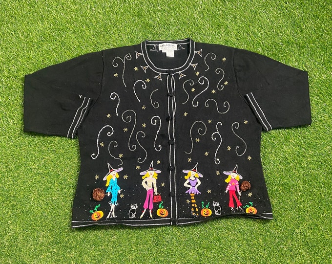 Vintage Halloween Knitted Cardigan Sweater Size Xtra Large XL Trick or Treat Oct 31 Boo Spooky October Holiday 1990s 90s
