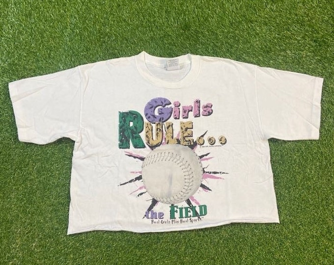Vintage Girls Rule the Field Crop Top T Shirt Tee Girl World Sports Made USA Size Xtra Large XL MLB Baseball Woman Power Feminism 1990s 90s