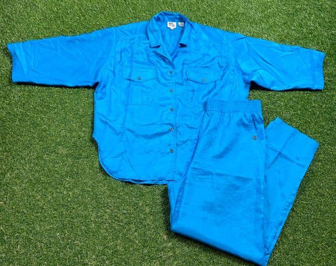 Vintage Blue Set Button Down Shirt Pants Leslie Fay Options Size Xtra Large XL Beach Wacky Fun Art Original Classic Party Festival Pop 90s