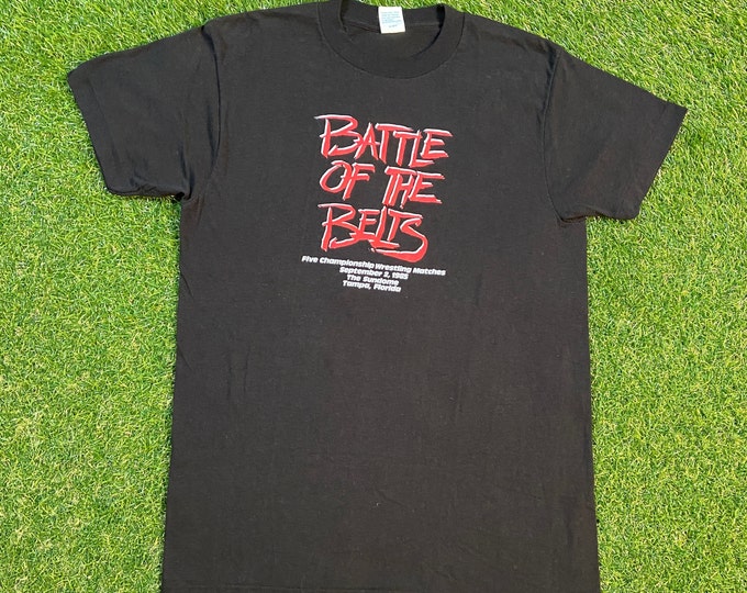 Vintage Battle of the Belts T Shirt Made USA Size Large L Wrestling MMA Mix Martial Arts UFC Ultimate Fighting Champion Tampa Florida 1980s