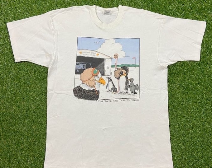 Vintage American Eagle Flying School T shirt Tee Fruit of the Loom Made USA Size Xtra Large XL Airplanes Bald Eagle Funny Comic