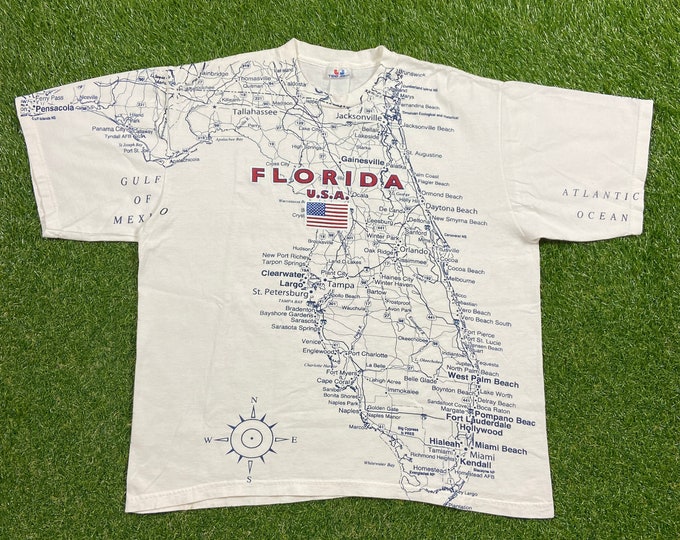 Vintage Florida State Map T Shirt Tee Jays Size Xtra Large XL Tropical Florida Beach Sunshine State 1990s 90s