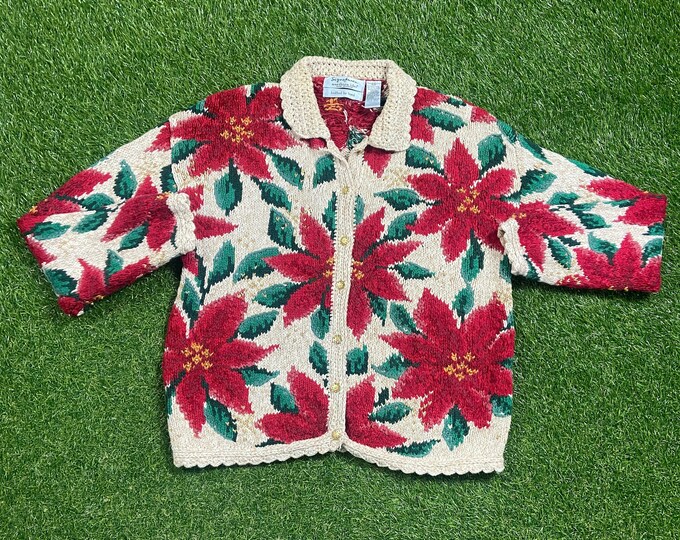 Vintage Floral Knit Sweater Size Large L Flowers Gardening Love Bees Caterpillars Nature Plants 1980s 80s