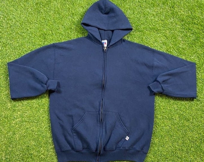 Vintage Plain Blue Russell Athletic Hoodie Sweatshirt Made USA Size Xtra Large XL Quality Oversized Comfy Great Fit Original 90s Pull Over
