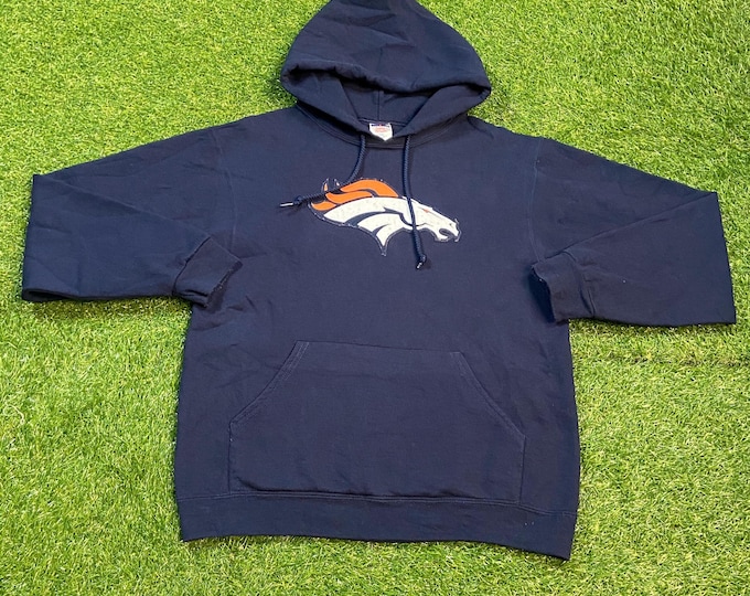 Vintage Denver Broncos Hoodie Sweatshirt Size Medium M NFL Football Colorado Elway 1990s 90s Pull Over Oversized