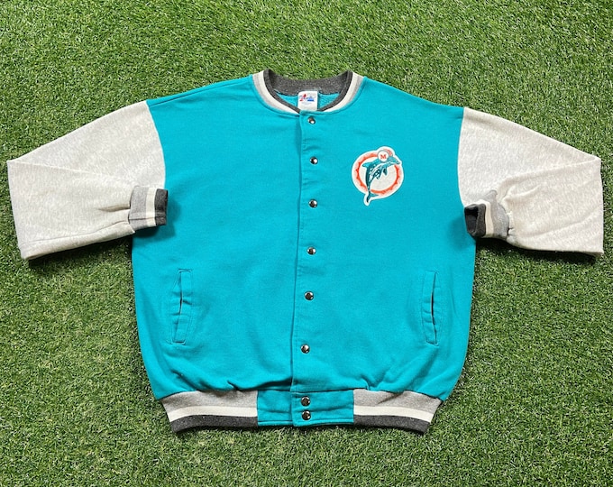 Vintage Miami Dolphins Button Down Sweater Jacket Majestic Made USA Size Large L NFL Football Florida Dan Marino 1990s 90s