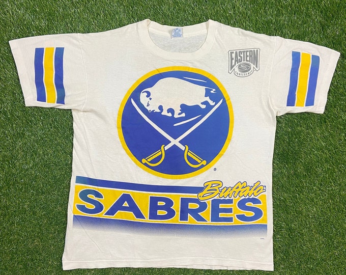 Vintage Buffalo Sabres T Shirt Tee Salem Sportswear Made USA Size Large L NHL Hockey New York 1990s 90s All Over