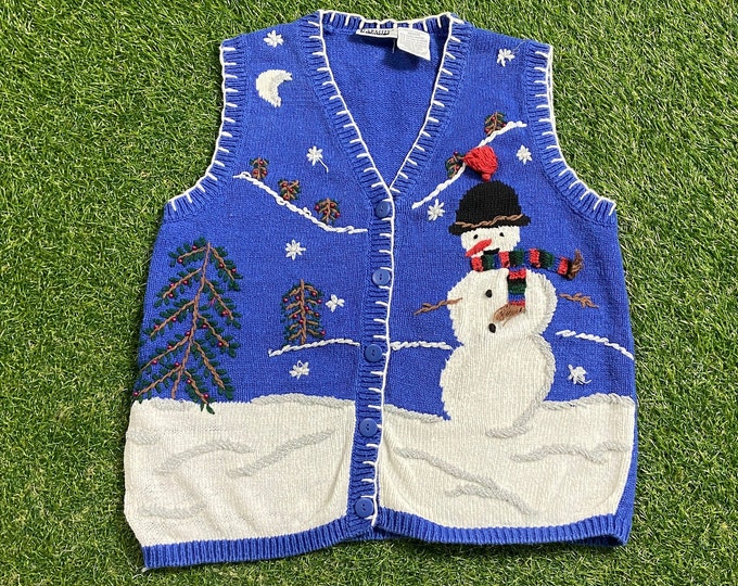 Ugly Christmas Vest Sweater Vintage Tacky Holiday Party Merry Santa Claus Classic Holidays Size Medium Xmas Classic Knit Snowmen 1990s 90s