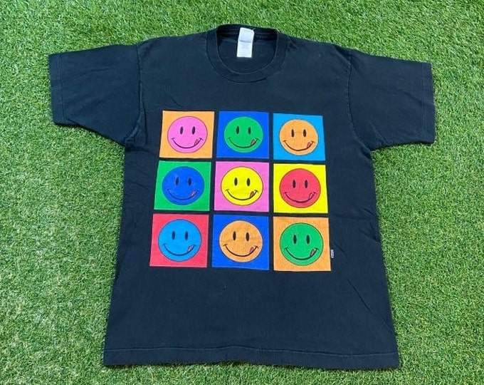 Vintage Smiley Faces T Shirt Tee Fruit of the Loom Made USA Size Large L Funny Saying Comical 1990s 90s Graphic