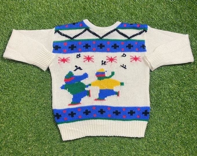 Ugly Christmas Knit Sweater Vintage Tacky Holiday Party Merry Santa Classic Size Large L Xmas 90s 80s Knit Classic Christmas Ice Skating