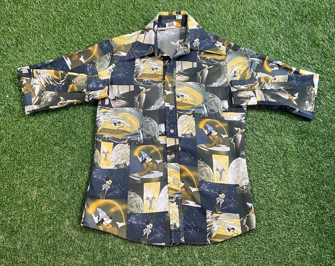 Vintage Mickey Mouse Long Sleeve Button Down Shirt Size Small S Walt Disney World Classic WDW Magic Kingdom Disneyland Fantasia 1970s 70s