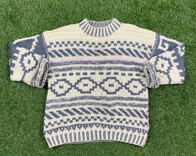 Vintage Gray Beige Multicolor Knitted Crewneck Sweater Flexible Size Small S Quality Warm Winter Fashion Pull Over Oversized 1980s 80s