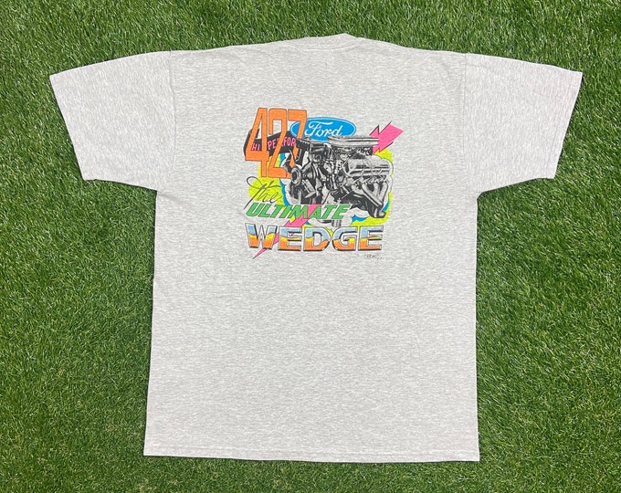 Vintage Ford Racing Team T Shirt Tee Jerzees Made USA Size Large L Classic Car Speedway NASCAR Daytona 500 Motorsports 1990s 90s Engine
