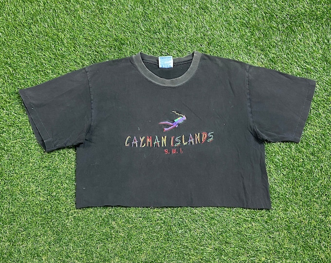Vintage Cayman Islands Crop Top Shirt Tee Made USA Size Medium M British West Indies Caribbean Island Beach 1990s 90s