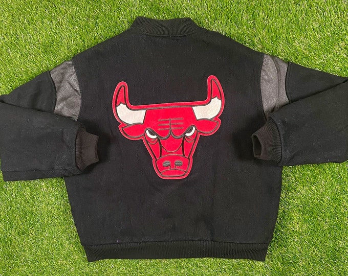 Vintage Chicago Bulls Bomber Jacket Button Up Coat Chalk Line Made USA Size Large NBA Varsity 1990s Classic Original Jordan Rodman L Wool