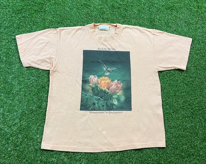 Vintage Hummingbird T Shirt Tee Made USA Size Large L Audubon Flowers Bees Caterpillars Butterflies Nature Plants 1990s 90s