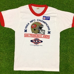Vintage San Francisco Forty Niners Super Bowl XIX 1984 NFL Football Deadstock Trench Tee Shirt Ringer 80s 49ers Rare 1980s Golden Gate NEW