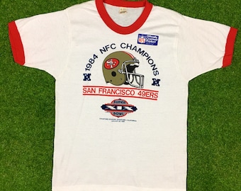 Vintage San Francisco Forty Niners Super Bowl XIX 1984 NFL Football Deadstock Trench Tee Shirt Ringer 80s 49ers Rare 1980s Golden Gate NEW