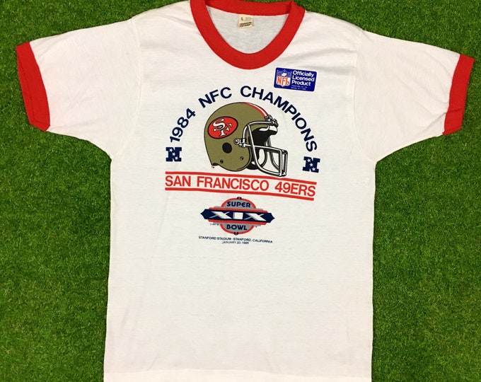 Vintage San Francisco Forty Niners Super Bowl XIX 1984 NFL Football Deadstock Trench Tee Shirt Ringer 80s 49ers Rare 1980s Golden Gate NEW