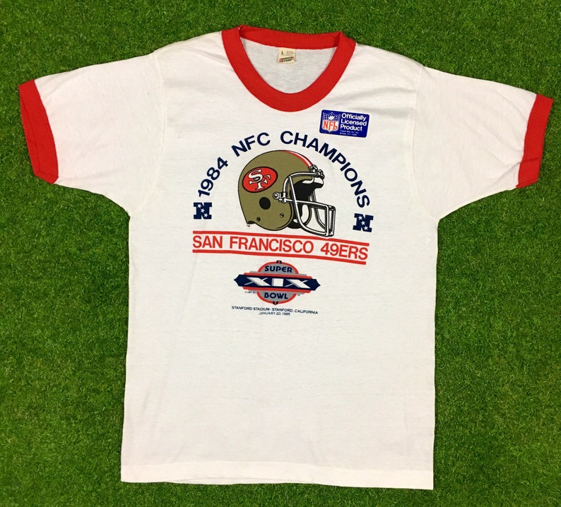 Vintage San Francisco Forty Niners Super Bowl XIX 1984 NFL Football Deadstock Trench Tee Shirt Ringer 80s 49ers Rare 1980s Golden Gate NEW image 1