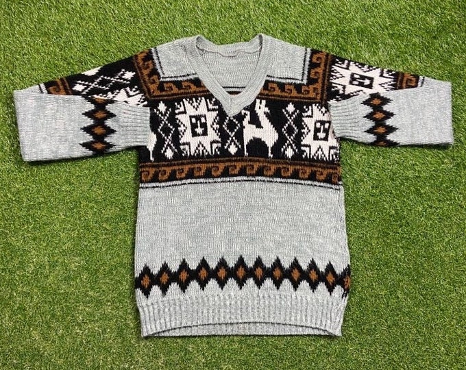 Vintage Multicolor Knitted V Neck Sweater Size Medium M Quality Warm Winter Fashion Pull Over Oversized