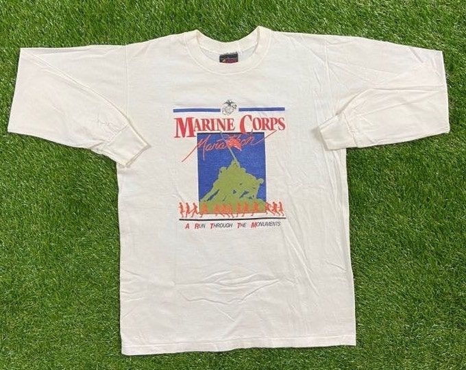 Vintage USMC Marines Corps Marathon Long Sleeve Shirt Size Large Made USA 1990s Marines Army United States Military Veteran