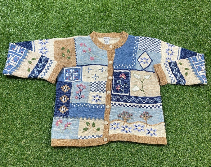 Vintage Flower Blue Cardigan Sweater Bon Worth Size Xtra Large XL 1990s 90s Comfy Button Down Warm Ladies Quality