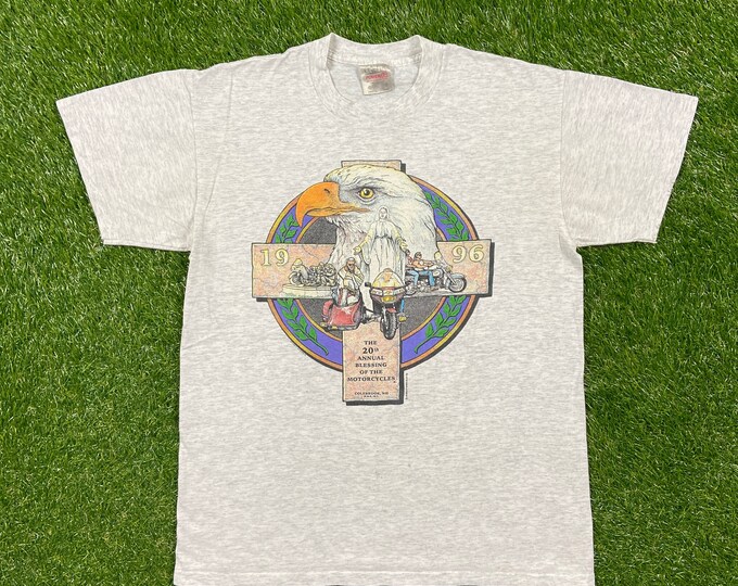 Vintage The 20th Annual Blessing of the Motorcycles 1996 T Shirt Tee Oneita Made USA Size Large Colebrook New Hampshire 1990s 90s Pope