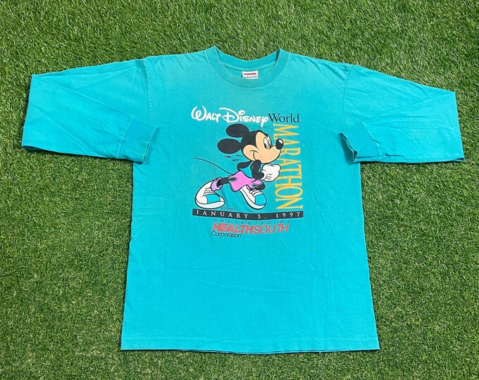 Vintage Walt Disney World Marathon Long Sleeve Shirt Made USA Size Large L Mickey Mouse Magic Kingdom WDW Disneyland 1990s 90s