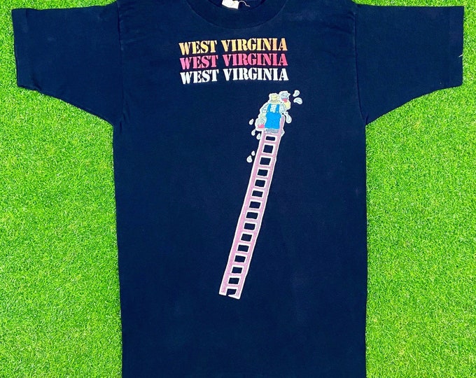 Vintage West Virginia University Ladder T Shirt Tee Velva Sheen Medium Made USA Mountaineers WVU Football Big East Classic 80s 1980s NCAA