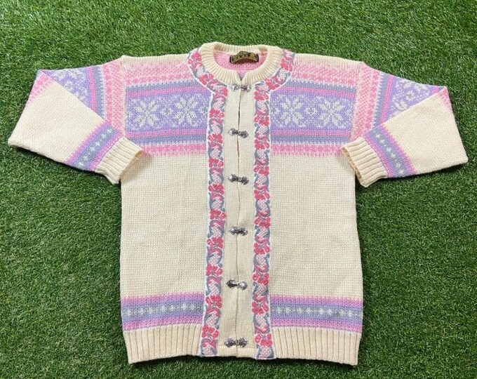 Vintage Floral Knit Cardigan Sweater Size Medium M Flowers Gardening Love Bees Caterpillars Nature Plants 1980s 80s