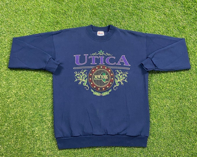 Vintage Utica New York State Crewneck Sweatshirt Hanes Size Medium M Oneida County Mohawk Valley NYC Pull Over Oversized